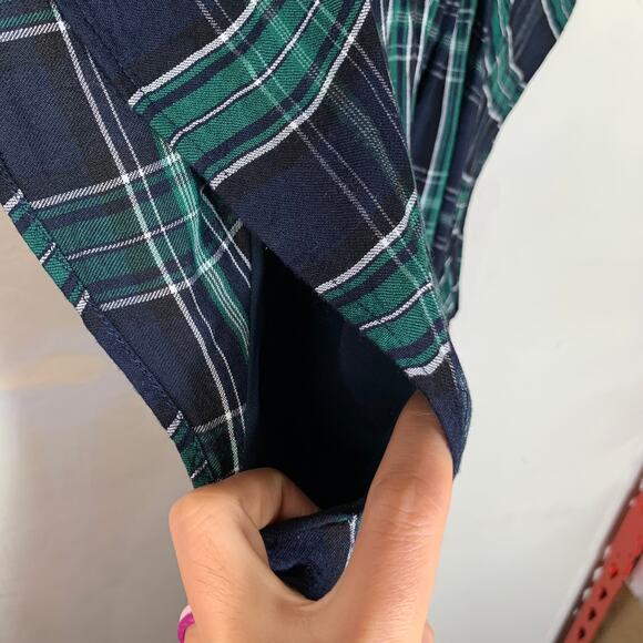 LOFT Dress Blue Green Plaid Shift Belted Short Sleeve Pleated Lined Size 2 - Picture 8 of 12